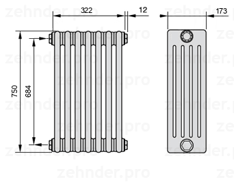 Схема (чертеж) Радиатор Zehnder Charleston 5075/7 №1270 Белый глянцевый RAL 9016